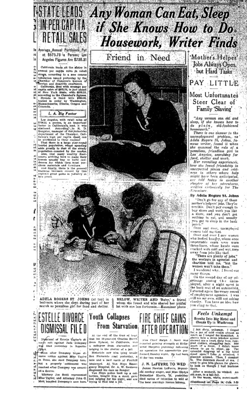 Adela Rogers writes a series in the LA Examiner about her experience posing as an unemployed, poor and friendless girl in Los Angeles. In this part of the series, Adela finds that housework is the only answer to unemployment.