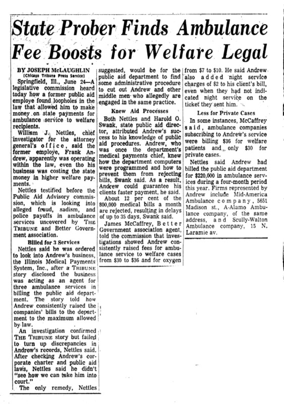 Chicago Tribune article titled, "State Prober Finds Ambulance Fee Boosts for Welfare Legal." Written by Joseph McLaughlin.
