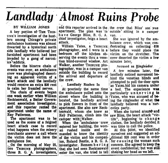 Chicago Tribune article titled, "Landlady Almost Ruins Probe." Written by William Jones.