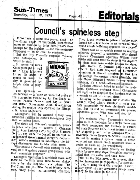 Chicago Sun-Times article titled "Council's Spineless Step." Written as part of Pamela Zekman and Zay N. Smith's Mirage Editorial. 