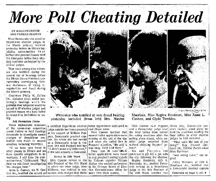 Chicago Tribune article titled, "More Poll Cheating Detailed." Written by Pamela Zekman and William Currie. 