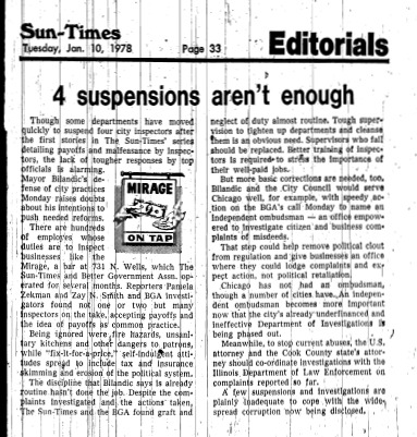 Chicago Sun-Times article titled, "4 Suspensions Aren't Enough." Written in 1978 as part of Pamela Zekman and Zay N. Smith's Mirage Editorial. 