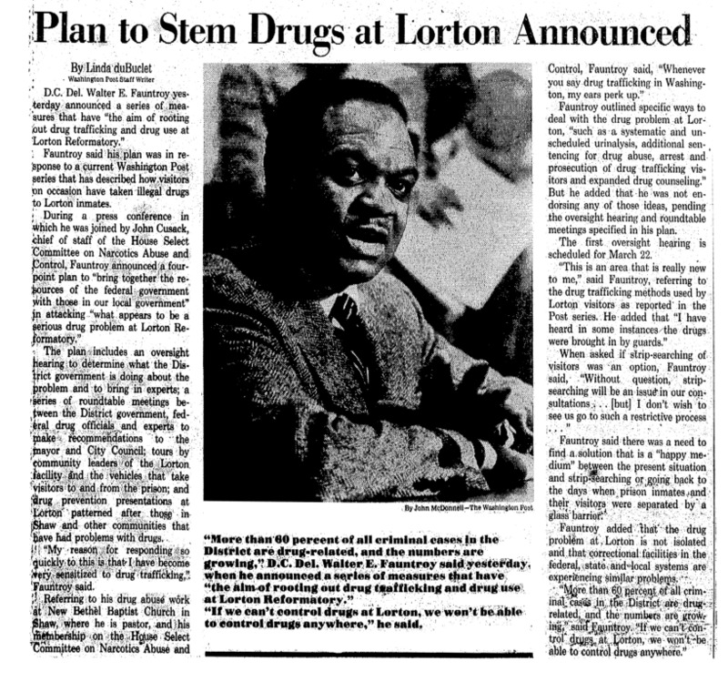 Washington Post article titled, "Plan to Stem Drugs at Lorton Announced." Written by Linda duBuclet.
