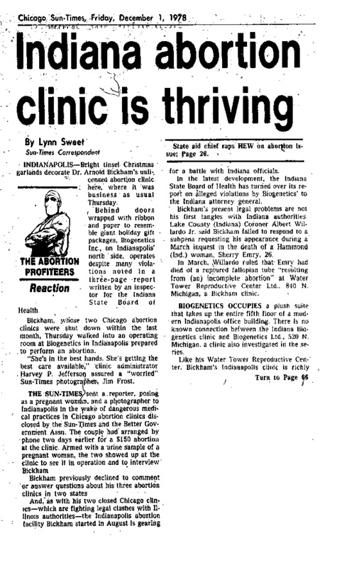 A reaction piece in the Chicago Sun-Times titled, "Indiana Abortion Clinic is Thriving." Written by Lynn Sweet.