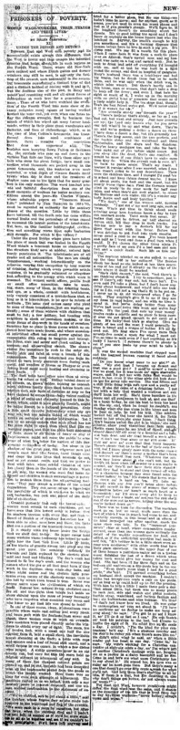 New York Tribune article titled, "Under the Bridge and Beyond." Written by Helen Campbell as part of her series, "Prisoners of Poverty: Women wage-workers, their trades and their lives."