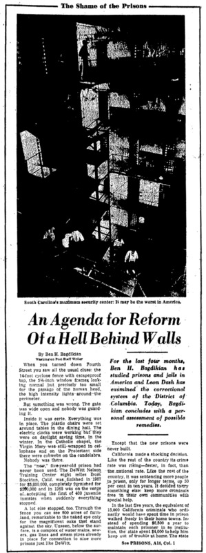 Washington Post article titled, "An Agenda for Reform of a Hell Behind Walls." Written by Ben Bagdikian as part of the Shame of Prisons series.