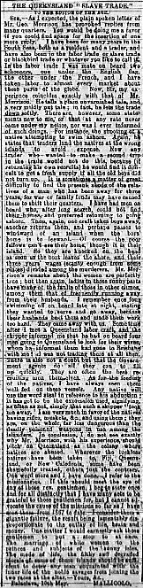 The Age article titled, "The Queensland 'Slave Trade.'" Written by Mallicolo.