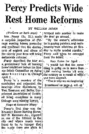 Chicago Tribune article titled, "Percy Predicts Wide Rest Home Reforms." Written by William Jones.