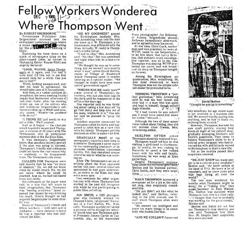 Nashville Tennessean article titled, "Fellow Workers Wondered Where Thompson Went." Written by Robert Sherborne.