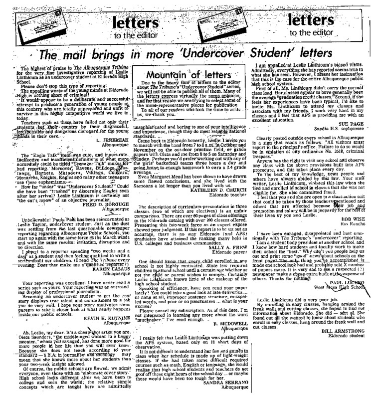 Letters to the Editors of the Albuquerque Tribune in response to the "Undercover Student" series.