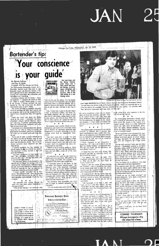 Chicago Sun-Times article titled, "Bartender's Tip: Your Conscience is Your Guide." Written by Pamela Zekman and Zay N. Smith as part of the Mirage Tavern sting series.