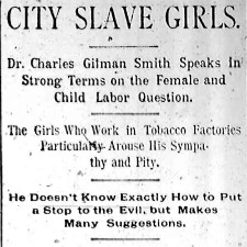 Heading of the Chicago Times article titled, "City Slave Girls: Dr. Charles Gilman Smith Speaks in Strong Terms on the Female and Child Labor Question." Written by Charles Gilman Smith and Nell Nelson.