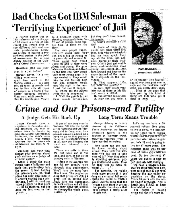 Washington Post articles titled, "Bad Checks Got IBM Salesman 'Terrifying Experience of Jail'" and "Crime and our Prisons - and Futility."
