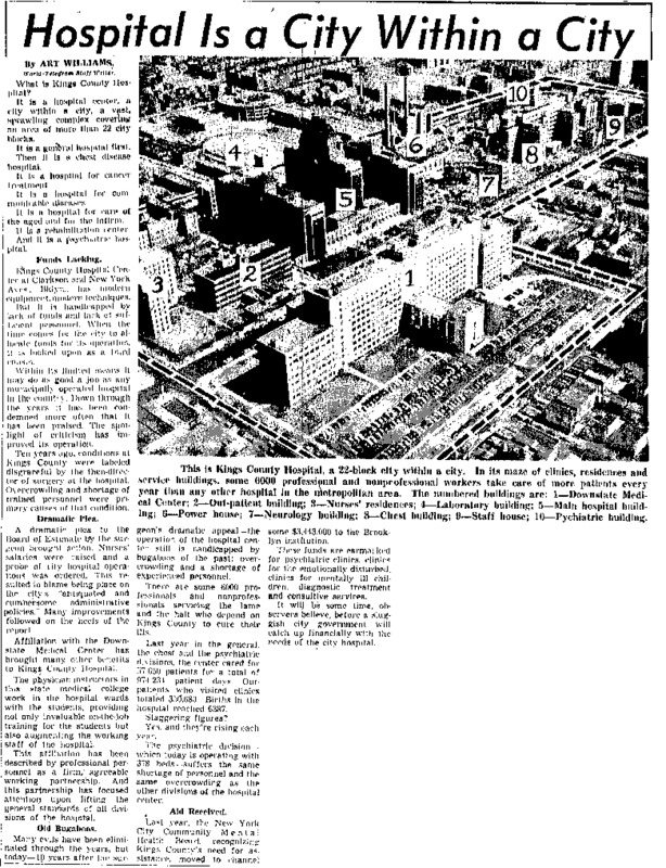 New York World-Telegram and Sun article titled, "Hospital Is a City Within a City." Written by Art Williams.