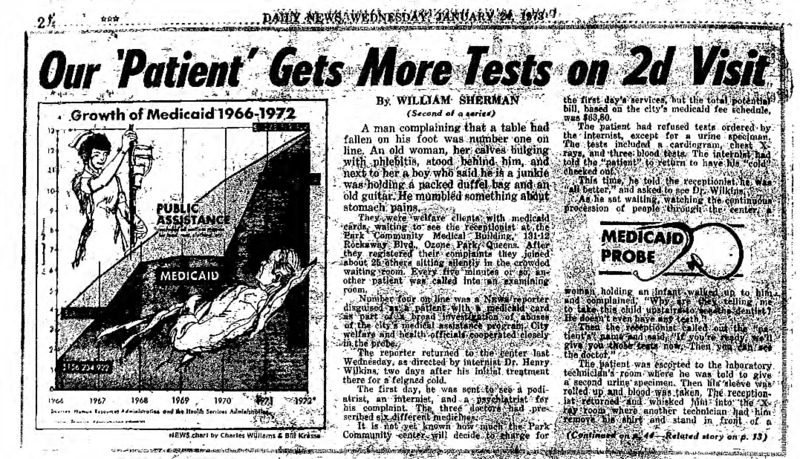 New York Daily News article titled, "Our 'Patient' Gets More Tests on 2D Visit." Written by William Sherman as part of a medicaid fraud investigation series.