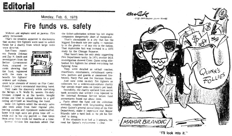 An article in the Chicago Sun-Times called "Fire Funds vs. Safety," with a political cartoon. Pamela Zekman and Zay N. Smith wrote this article as part of their Mirage Editorial. 