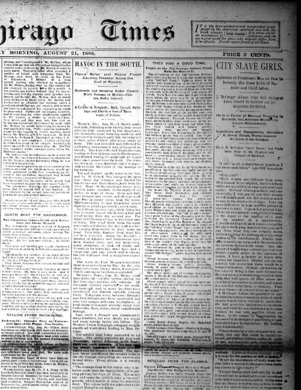 Chicago Times article titled, "City Slave Girls: Opinions of Prominent Men on How To Remedy the Great Evils of Female and Child Labor." Written by J. McGregor Adams.