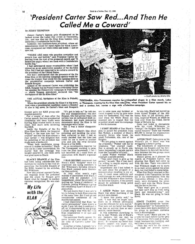 Nashville Tennessean article titled, "President Carter Saw Red... And Then He Called Me a Coward." Written by Jerry Thompson as part of his series, "My Life With the Klan."