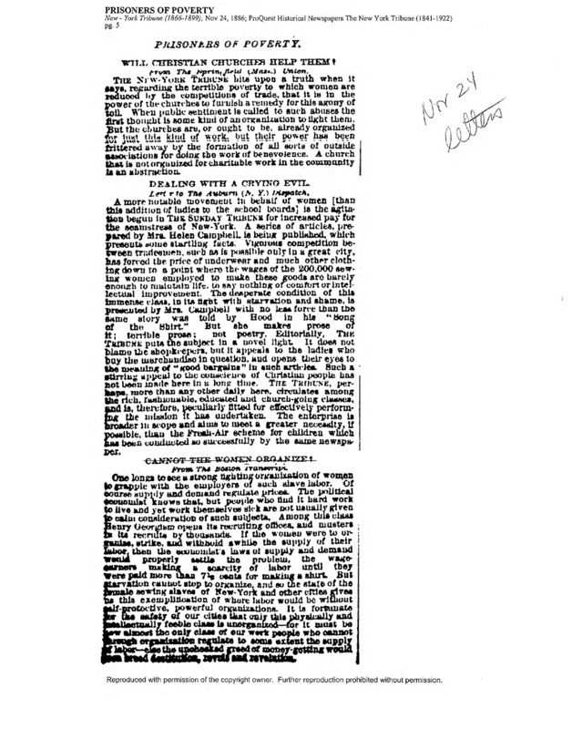 Clippings commenting on Helen Campbell's "Prisoners of Poverty" New York Tribune series.