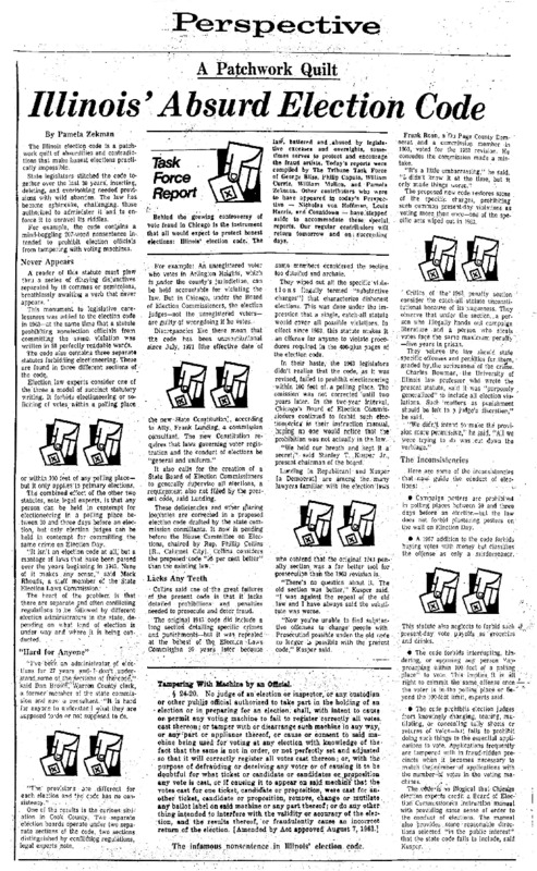 Chicago Tribune article titled, "Illonois' Absurd Election Code." Written by Pamela Zekman as part of the Task Force Vote Fraud Investigation.