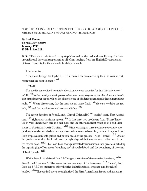 Lori Keeton examines the legal ramifications ABC received for "PrimeTime Live's" exposé of Food Lion and other cases.