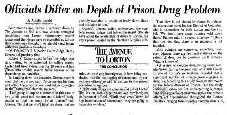 Washington Post article titled, "Officials Differ on Depth of Prison Drug Problem." Written by Athelia Knight as the prison series draws to a close.
