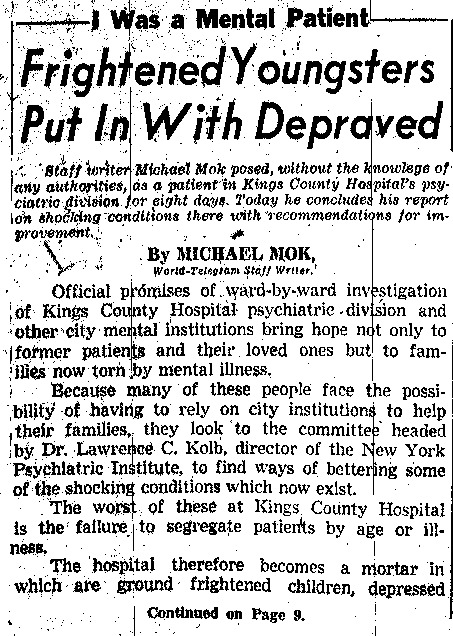 New York World Telegram and Sun article written as part of Michael Mok's series, "I Was A Mental Patient."