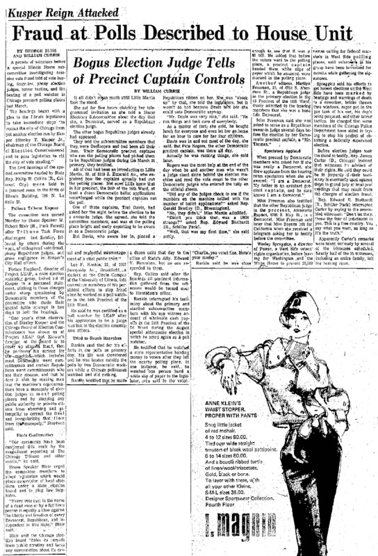 Chicago Tribune article titled, "Kusper Reign Attacked." Written by George Bliss and William Currie as part of the reaction to the Task Force Vote Fraud Investigation.