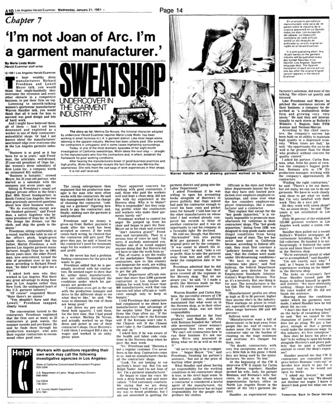 Los Angeles Herald-Examiner article titled, 'I"m not Joan of Arc. I'm a garment manufacturer.'" Written by Merle Linda Wolin as part of her series on the LA garment Industry. 