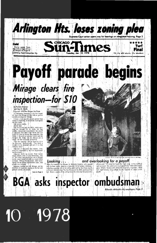 Chicago Sun-Times article titled,"Payoff Parade Begins." Written by Pamela Zekman and Zay N. Smith as part of the Mirage Tavern sting series.