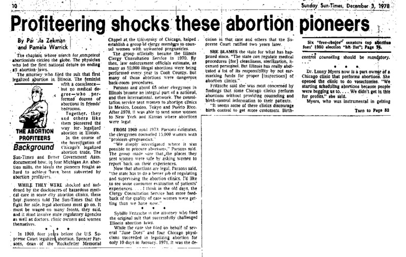 Chicago Sun-Times article titled, "Profiteering Shocks These Abortion Pioneers." Written by Pamela Zekman and Pamela Warrick.