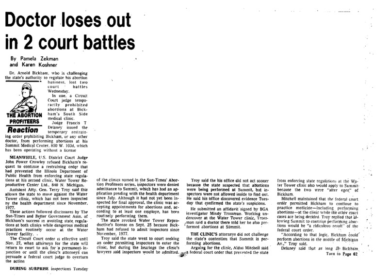 Chicago Sun-Times article titled, "Doctor Loses Out in 2 Court Battles." Written by Pamela Zekman and Karen Koshner as part of the reaction to the "Abortion Profiteers" series.