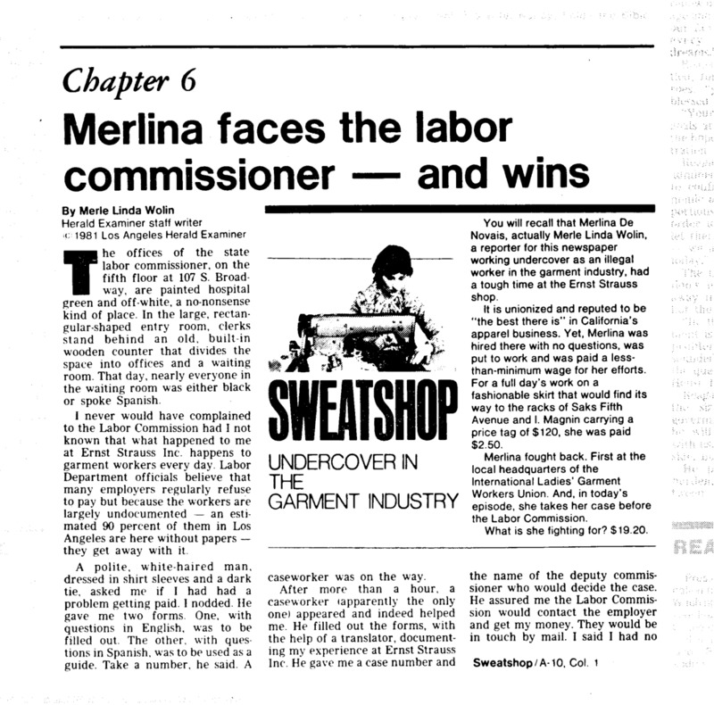 Los Angeles Herald-Examiner article titled, "Merlina faces the labor commissioner - and wins." Written by Merle Linda Wolin as part of her series on the LA garment Industry. 