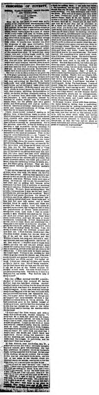 New York Tribune article titled, "Negative or Positive Gospel." Written by Helen Campbell as part of her series, "Prisoners of Poverty: Women wage-workers, their trades and their lives."