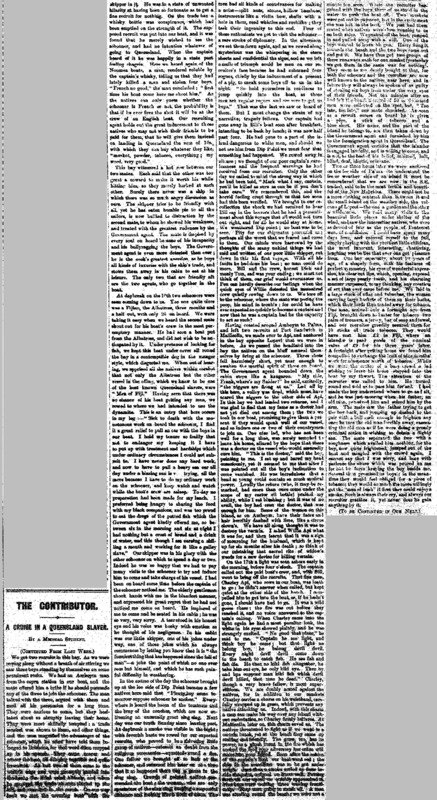 The Leader article titled, "The Contributor: A Cruise in a Queensland Slaver." Written by George Morrison as part of his series.