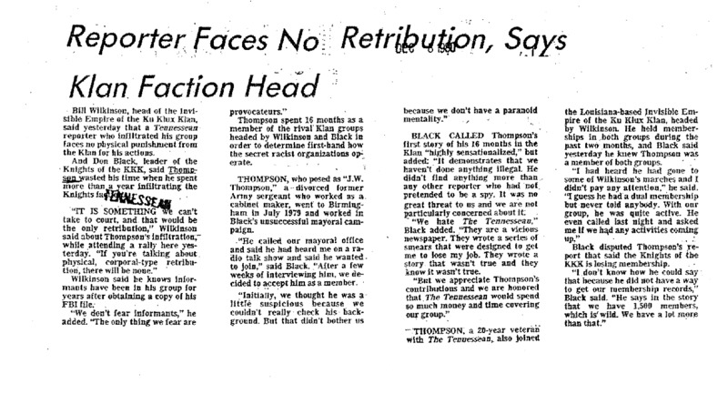 Nashville Tennessean article titled, "Reporter Faces No Retribution, Says Klan Faction Head."
