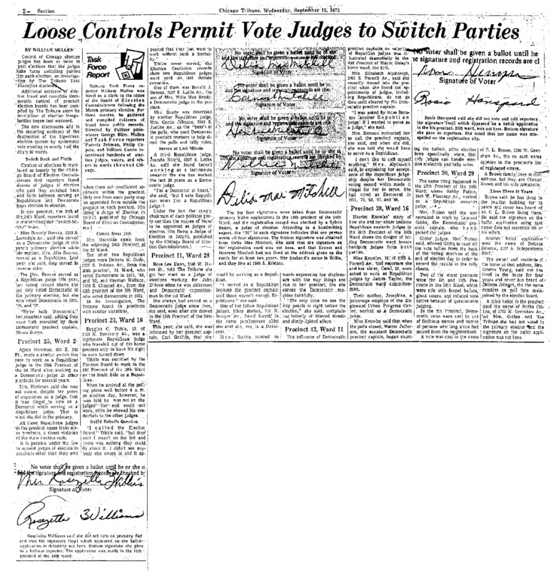 Chicago Tribune article titled, "Loose Controls Permit Vote Judges to Switch Parties." Written by William Mullen as part of the follow-up to the Task Force Vote Fraud Investigation.