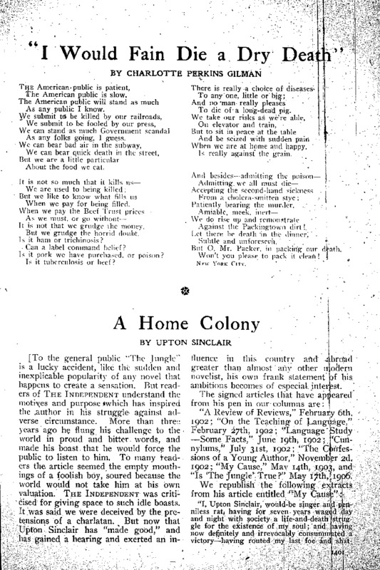 An article from The Independent titled, "A Home Colony." Written by Upton Sinclair.