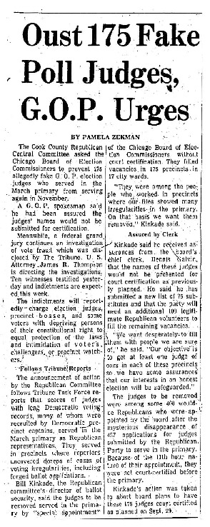 Chicago Tribune article titled, "Oust 175 Fake Poll Judges, G.O.P. Urges." Written by Pamela Zekman.