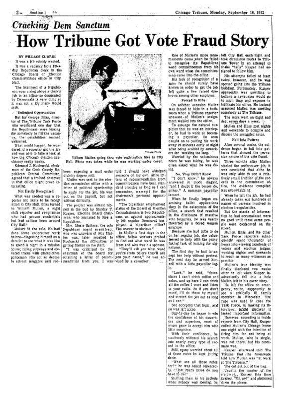 Chicago Tribune article titled, "Cracking Dem Sanctum." Written by William Currie as part of the Task Force Vote Fraud Investigation.