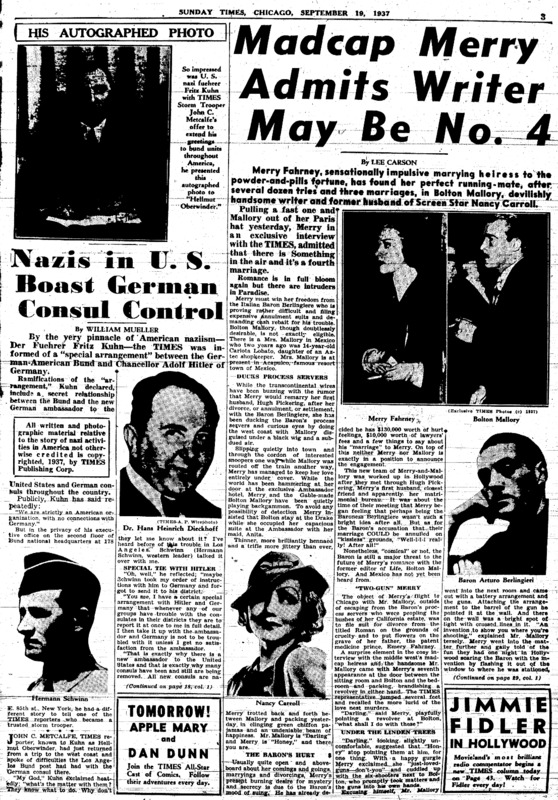 Chicago Daily Times article titled, "Nazi in U.S. Boast German Counsul Control." Written by William Mueller, John C. Metcalfe, and James J. Metcalfe as part of a series.
