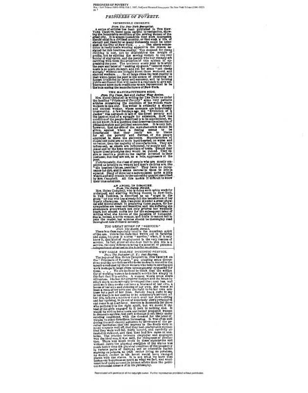 Articles reacting to Helen Campbell's New York Tribune series, "Prisoners of Poverty."
