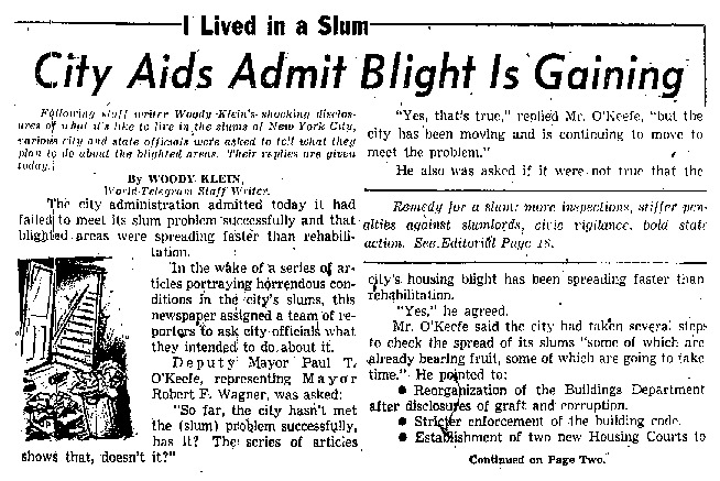 New York World Telegram and Star article titled, "City Aids Admit Blight Is Gaining." Written by Woody Klein as part of his series about life in slums.