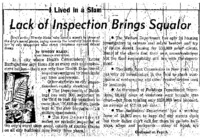 New York World Telegram and Sun article titled, "Lack of Inspection Brings Squalor." Written by Woody Klein as part of his "I Lived in a Slum" series.